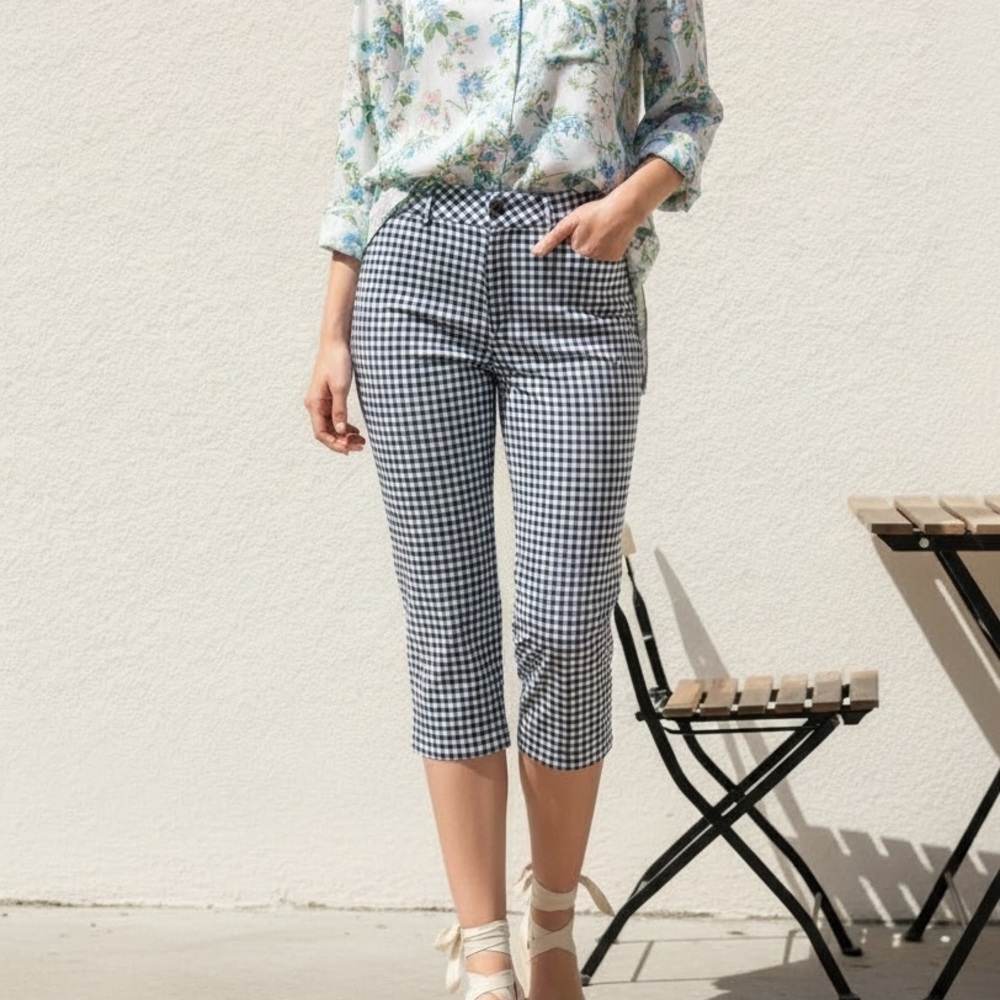 Reitmans Navy and White Gingham Cropped Capris